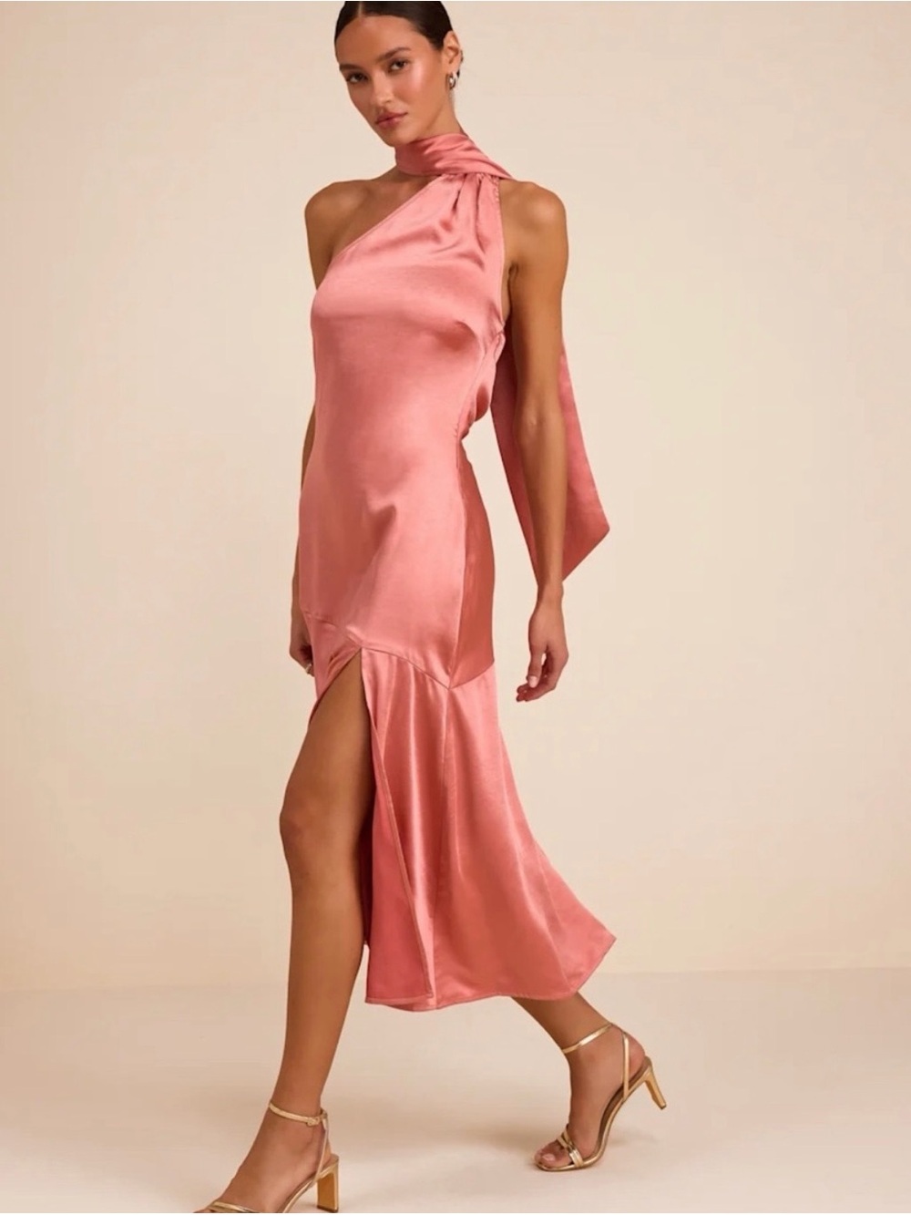 Lulu's One-Shoulder Satin Midi Dress in Dusty Rose with Neck Tie size small